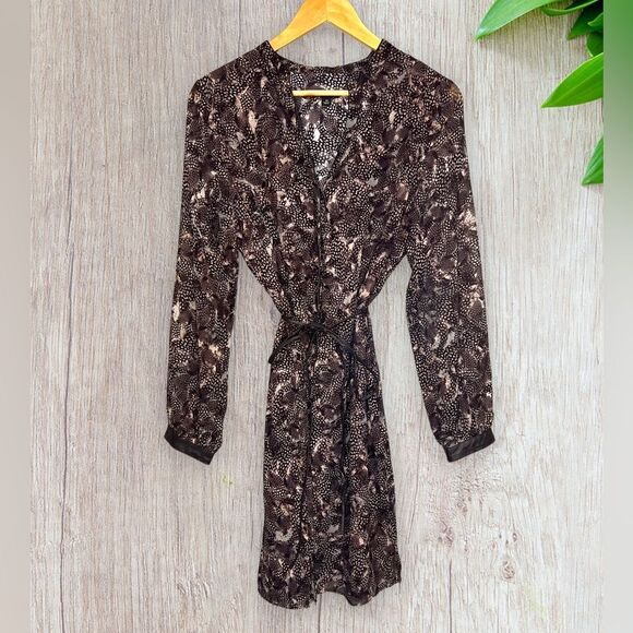 Ann Taylor | Peasant Brown Feather Boho Dress Size 10 with Leather Trim - Picture 4 of 9